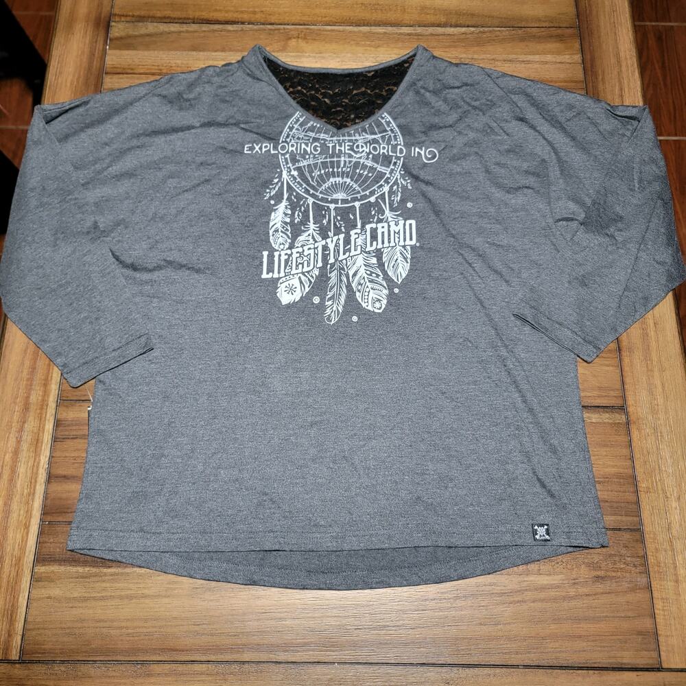 MoonShine Camo LS V-Neck Tee w/ Back Lace "Exploring The World.." - XXL NWT